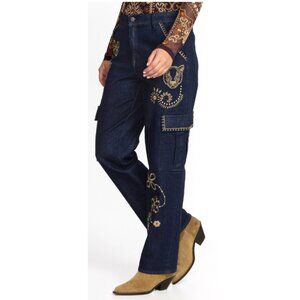 Johnny Was Embroidered Cargo Comfort Stretch Jeans Size-27 True Indigo